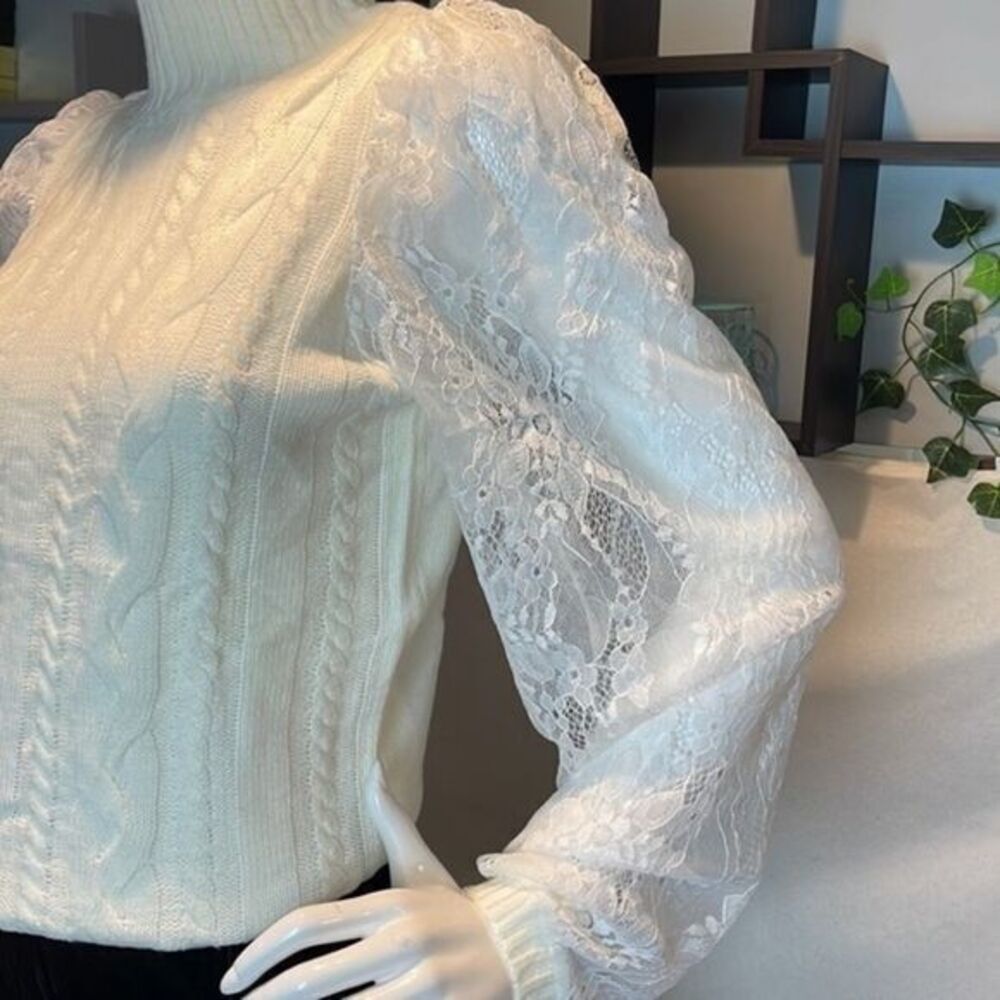 Zaful Mock Neck Cable Knit Lace Mesh Sleeve Ivory Sweater Size 4 - Picture 8 of 16